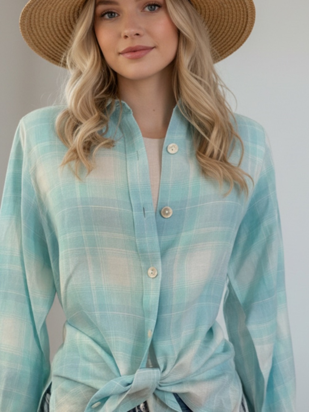 TALBOTS VINTAGE-NWOT - Irish linen Light Aqua Plaid Button-Front Tie-Hem Shirt